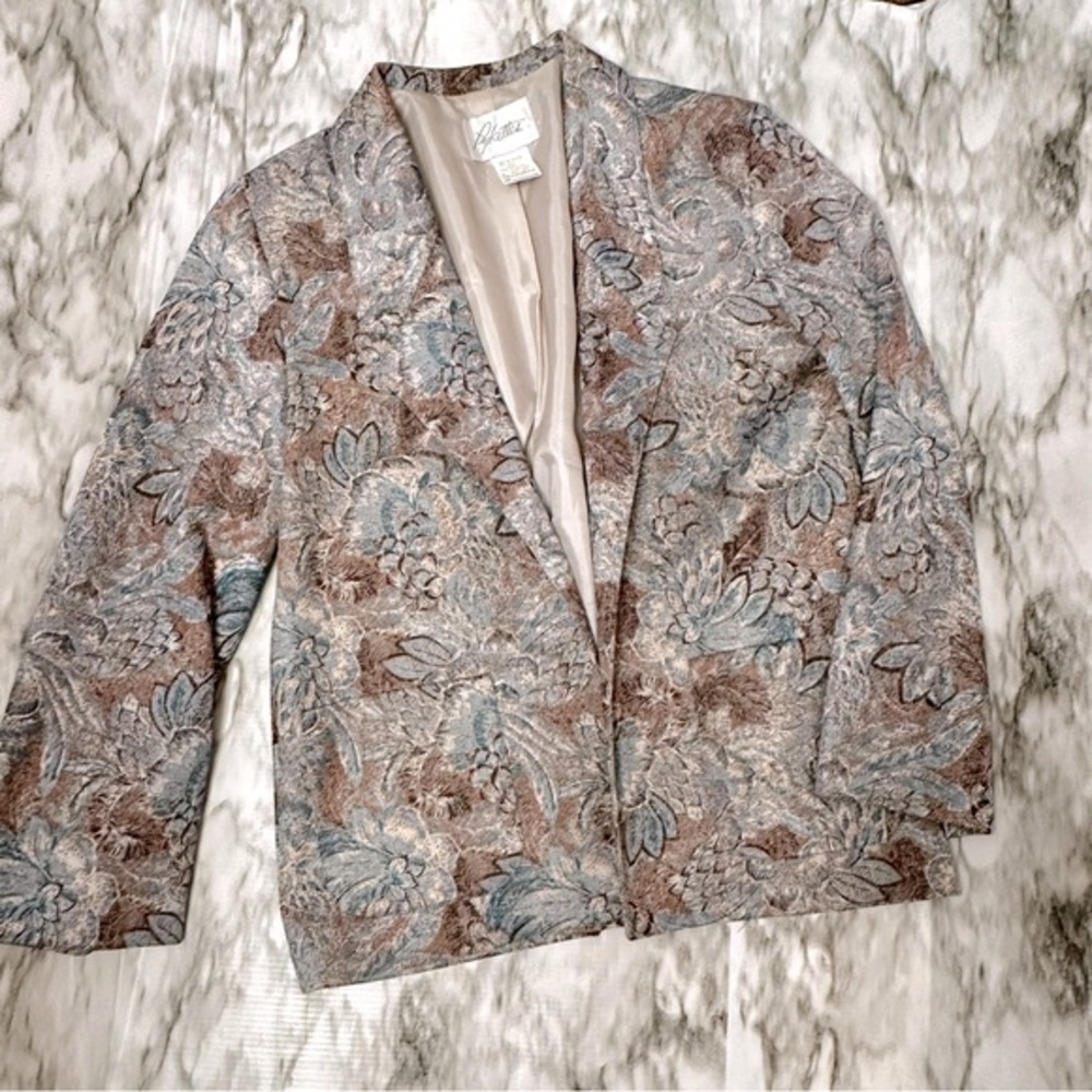 Pykettes Silk Blend Vtg Women Sz 14 80s Open Jacket Blazer Blue Brown Tapestry